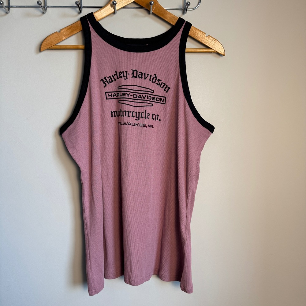 Harley Davidson Women's Ribbed Tank Top Mauve Pink Size Large Black Accent Biker